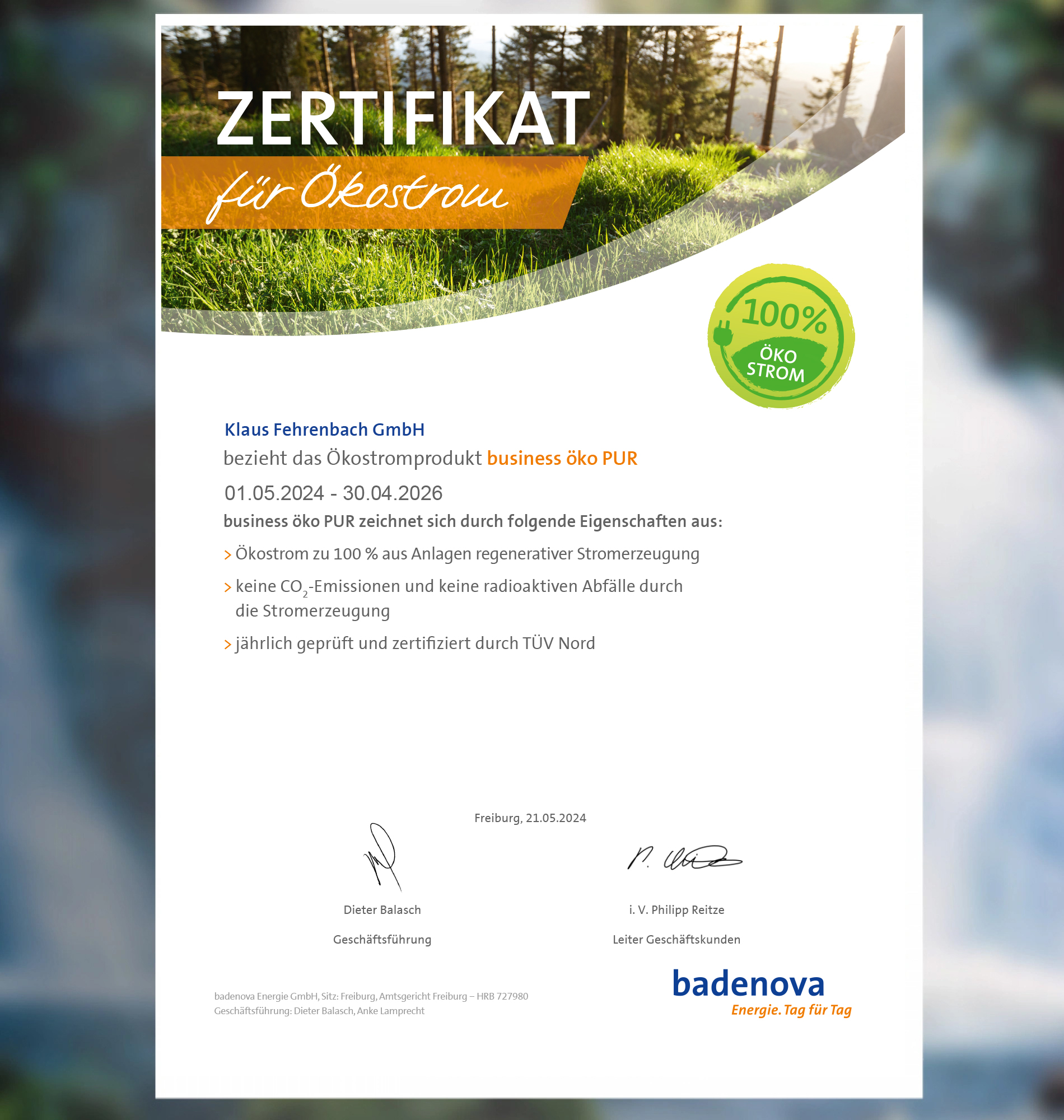 Zertifikat Ökostrom